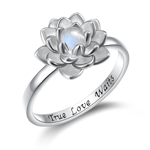 Mondstein Lotus Ring, Sterling Silber True Love Waits Graviertes Lotus Blume Fidget Ring Natürlicher Heilender Buddha Spiritueller Yoga Schmuck Geschenke für Frauen (57 (18.1)) von Flyow