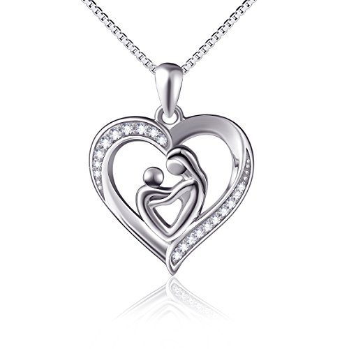 Mutter und Kind Lieben Herz Anhänger Halskette 925 Sterling Silber mit Zarten Zirkonia 18" Geschenke für Mama Oma Damen Frauen Muttertagsschmuck Geburtstagsgeschenke (Mutterliebe) von Flyow