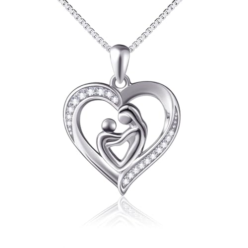 Mutter und Kind Lieben Herz Anhänger Halskette 925 Sterling Silber mit Zarten Zirkonia 18" Geschenke für Mama Oma Damen Frauen Muttertagsschmuck Geburtstagsgeschenke (Mutterliebe) von Flyow