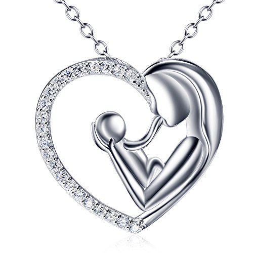 Muttertagsschmuck Geburtstagsgeschenke Mutter und Kind Lieben Herz Anhänger Halskette 925 Sterling Silber mit Zarten Zirkonia 18" Geschenke für Mama Oma Damen Frauen (Mutter und Kind) von Flyow