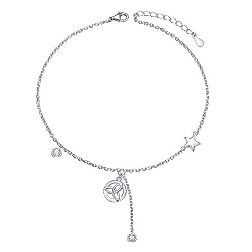 S925 Sterling Silber Fußkettchen für Damen Frauen Perlen Inspirierend Baumeln Keltischer Knoten Charme Einstellbare 9 + 1 Zoll Stern Fuß Knöchel Armband Schmuck (Keltischer Knoten) von Flyow