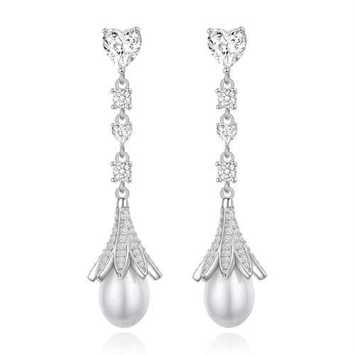 Silber Lilie Ohrringe S925 Sterling Silber Hochzeit Birdal Ohrringe für Bräute, Brautjungfern, Perle Kronleuchter Dangle Ohrhänger für Frauen Prom von Flyow