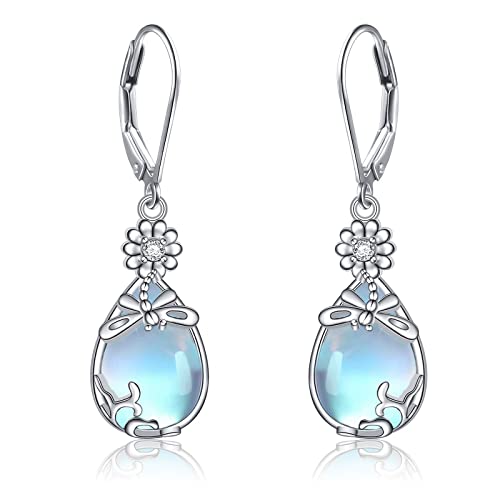 Libelle Träne Tropfen Ohrringe Sterling Silber Labor Mondstein Ohrringe Leverback Schmuck Geschenke für Damen von Flyow