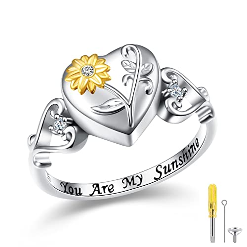 Urnen Ring für Asche 925 Sterling Silber Sonnenblume Herzen Feuerbestattung Ring Memorial Andenken Ring Schmuck für Damen Herren (59 (18.9)) von Flyow