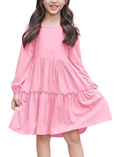 Flypigs Kinder Kleid für die Einschulung Langarm Kleid Mädchen Kleid Schwarz A-Linie Elegant Rosa 140(10-11Jahre/140/146) von Flypigs