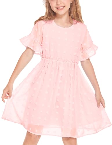 Flypigs Kleid Mädchen Casual Lose Niedlich Elegant Prinzessin Kleid für Mädchen Knielang Chiffon Dresses Sommerkleid Freizeitkleid Kinder Rosa 158/164 von Flypigs