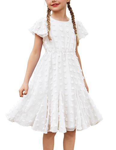 Flypigs Kleid Mädchen Festlich Hochzeit Party Niedlich Elegant Prinzessin Knielang Chiffon Dresses Sommerkleid Kinder Weiß 146/152 von Flypigs