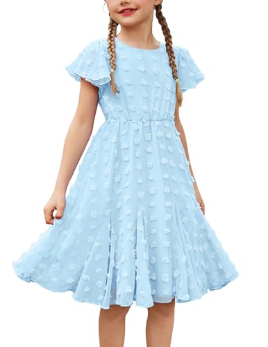 Flypigs Kleid Mädchen Sommer Kinder Kurzarm Knielang Chiffon Sommerkleid Hellblau 104/110 von Flypigs