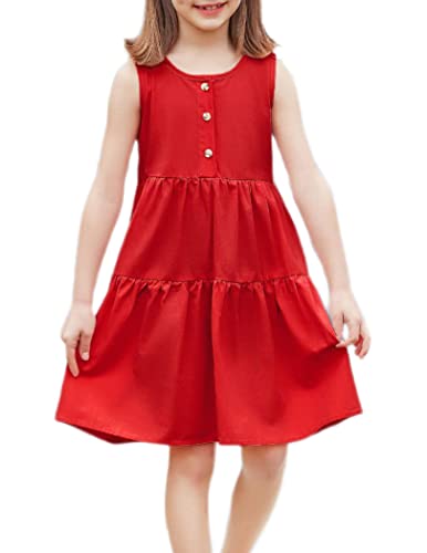 Flypigs Kleider Mädchen Ärmellos Kleid A-Linie Kinderkleider Knopfleiste Sommerkleid Baumwolle Freizeitkleid Frühling, Rot, 130 von Flypigs