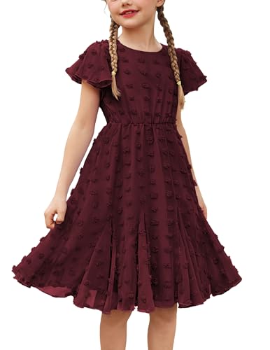 Flypigs Kleider für Mädchen Sommerkleid Casual Lose A-Linie Partykleid Prinzessin Kleid Elegant Chiffon Kleid Dunkelrot 116/122 von Flypigs