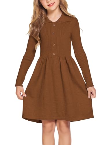Flypigs Mädchen Freizeitkleid Elegant Festlich Langarm Kleid Herbst Winter Strickkleid Einfarbig Skaterkleid A-Linie Abendkleid, Braun, 11-12 Jahre, 146 152 von Flypigs