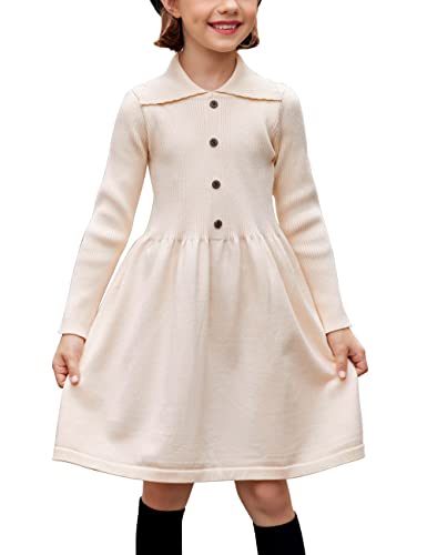 Flypigs Mädchen Kleid Langarm Kinder Winter Strickkleid Einfarbig Pulloverkleid Herbst Freizeitkleid Elegant Festlichkleid, Aprikose, 5-6 Jahre, 116 122 von Flypigs