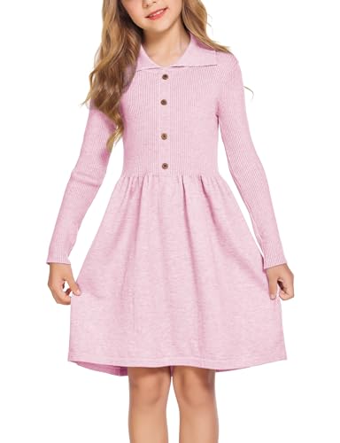 Flypigs Mädchen Strickkleid Winter Langarm Kleid Kinder Freizeitkleid Festlich Herbst Einfarbig Skaterkleid, Rosa, 11-12 Jahre, 146 152 von Flypigs