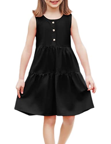 Flypigs Mädchen Kleid Baumwolle Prinzessin Kleider Ärmellos Mädchenkleid Knopfleiste Partykleid A-Linie Freizeitkleid, Schwarz, 120 von Flypigs