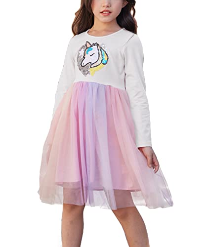 Flypigs Mädchen Kleid Kinder Pailletten Einhorn Regenbogen Tüll Langarm Baumwolle Hochzeit Geburtstag Party Brautjungfer Festzug Prinzessin Kleid Weiß 128/134/140 von Flypigs