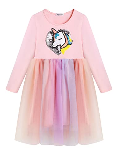 Flypigs Mädchen Kleid Kinder Prinzessin Kleid Pailletten Einhorn Regenbogen Tüll Halloween Festliches Party Brautjungfer Festzug tüllrock Kleider Rosa 140/146 von Flypigs