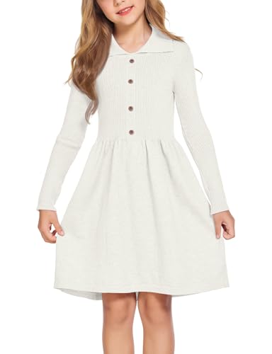 Flypigs Mädchen Langarm Pulloverkleid Kinder Bubikragen Strickkleid A-Linie Winterkleid Kinder Knöpfe Pullikleid Freizeitkleid weiß 7-8 Jahre von Flypigs