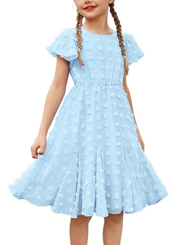 Flypigs Prinzessin Kleid für Mädchen Casual Strandkleid Elegant Sommerkleid Knielang Chiffon Kurzarm Hellblau 140 von Flypigs