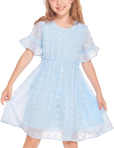 Flypigs Prinzessin Kleid für Mädchen Casual Strandkleid Niedlich Elegant Sommerkleid Kinder Knielang Chiffon kurzarmarm Kleider Mädchen Hellblau 146/152/158 von Flypigs