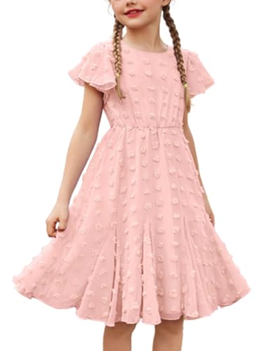 Flypigs Prinzessin Kleid für Mädchen Elegent Strandkleid Niedlich Sommerkleid Knielang Chiffon Kurzarm Rosa 140 von Flypigs