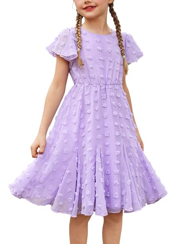 Flypigs Sommerkleid Mädchen kurz A-Linie Elegant Casual Chiffon Strandkleid Prinzessin Kleid Sommer Kurzarm Rüschen Violett 128/134 von Flypigs