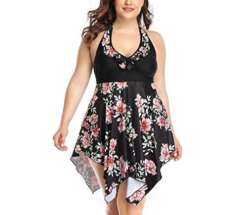 Flyself Damen Große Größen Bauchweg Zweiteilig Badeanzug Tankini Set Badekleid Mesh Neckholder Mit Slip Bademode Push-up Gepolstert von Flyself