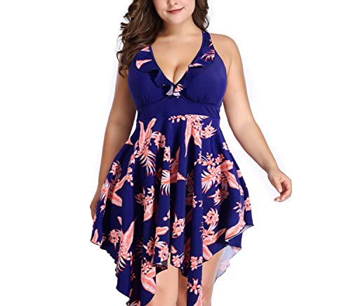 Flyself Damen Große Größen Bauchweg Zweiteilig Badeanzug Tankini Set Badekleid Mesh Neckholder Mit Slip Bademode Push-up Gepolstert von Flyself