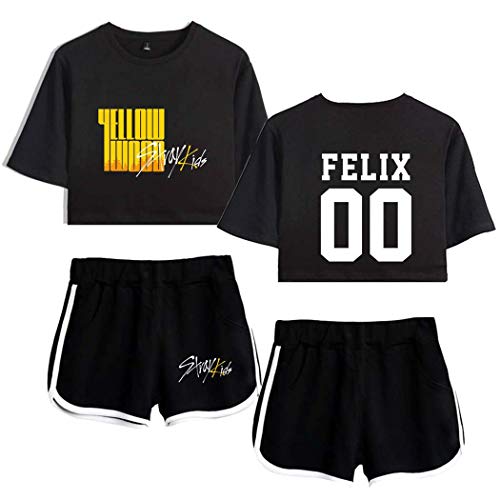 Flyself Damen Kpop Stray Kids T-Shirts & Kurze Hose Set Sport Sommer Crop Tops Anzug Frauen Bauchfrei Bang Chan Changbin Hyunjin Jisung Minho Woojin von Flyself