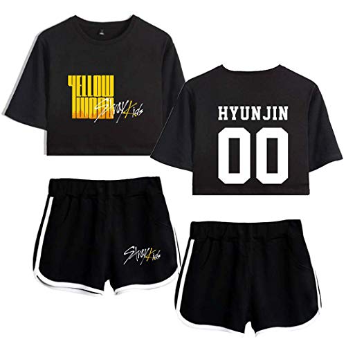 Flyself Damen Kpop Stray Kids T-Shirts & Kurze Hose Set Sport Sommer Crop Tops Anzug Frauen Bauchfrei Bang Chan Changbin Hyunjin Jisung Minho Woojin von Flyself