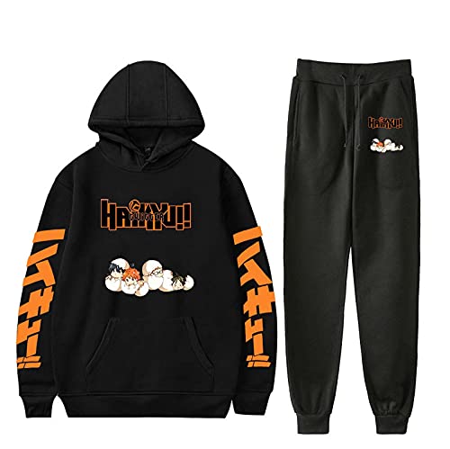 Flyself Japanese Anime Haikyuu Hoodie und Hose Jogginganzug Sportanzug Trainingsanzug Karasuno High School Hinata Shoyo Kostüm Kageyama Cosplay Kostüm Kapuzenpullover Fitness Outfit 2 Stück Sets von Flyself