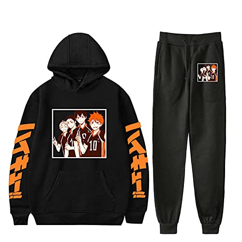 Flyself Japanese Anime Haikyuu Hoodie und Hose Jogginganzug Sportanzug Trainingsanzug Karasuno High School Hinata Shoyo Kostüm Kageyama Cosplay Kostüm Kapuzenpullover Fitness Outfit 2 Stück Sets von Flyself