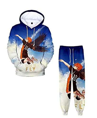 Flyself Jungen Haikyuu Hoodie und Hose Karasuno High School Hinata Shoyo Kostüm Kageyama Cosplay Kostüm 3D Anime Pullover Sweatshirt + Jogginghose Suit Trainingsanzug Sportbekleidung von Flyself