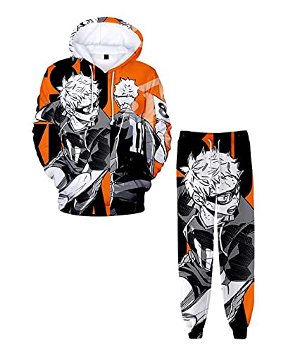 Flyself Jungen Haikyuu Hoodie und Hose Karasuno High School Hinata Shoyo Kostüm Kageyama Cosplay Kostüm 3D Anime Pullover Sweatshirt + Jogginghose Suit Trainingsanzug Sportbekleidung von Flyself