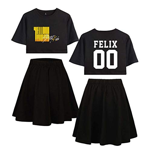 Flyself Kpop Stray Kids T-Shirts und Rock Set Yellow Wood Gedruckt Zweiteiler Lässige Sommer T-Shirts + Rock Anzug Active Trainingsanzüge von Flyself