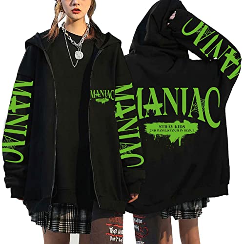 Flyself Kpop Stray Kids Title Song MANIAC Kapuzenpullover Herren Damen Y2K E-Girl Zip Up Hoodies Langarml Sweatshirts Pullover Casual Oberteile Harajuku Oversized Jacke, Black 7, S von Flyself