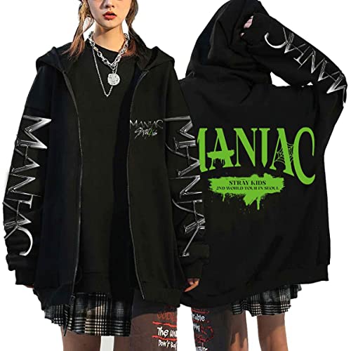 Flyself Kpop Stray Kids Title Song MANIAC Kapuzenpullover Herren Damen Y2K E-Girl Zip Up Hoodies Langarml Sweatshirts Pullover Casual Oberteile Harajuku Oversized Jacke, M, Black 12 von Flyself