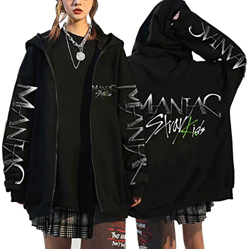 Flyself Kpop Stray Kids Title Song MANIAC Kapuzenpullover Herren Damen Y2K E-Girl Zip Up Hoodies Langarml Sweatshirts Pullover Casual Oberteile Harajuku Oversized Jacke, Black 1, 4XL von Flyself