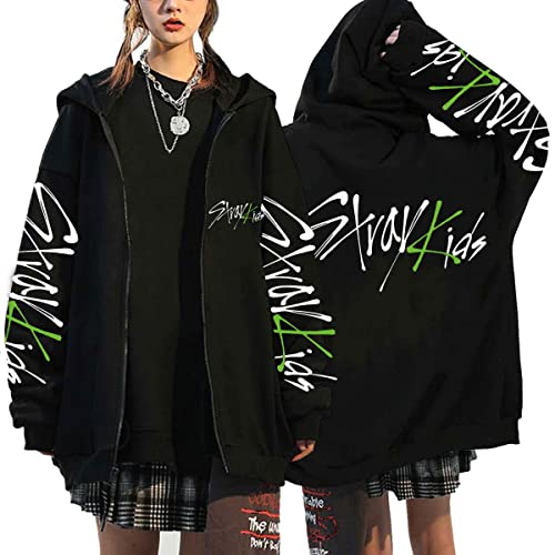 Flyself Kpop Stray Kids Title Song MANIAC Kapuzenpullover Herren Damen Y2K E-Girl Zip Up Hoodies Langarml Sweatshirts Pullover Casual Oberteile Harajuku Oversized Jacke, 4XL, Black 8 von Flyself