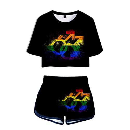 Flyself LGBT Gay Regenbogen Herz Crop Top T-Shirts und Shorts 2 Stücke Set für Mädchen und Frauen 3D Drucken Sportanzug Trainingsanzüge Outfits Sommer von Flyself