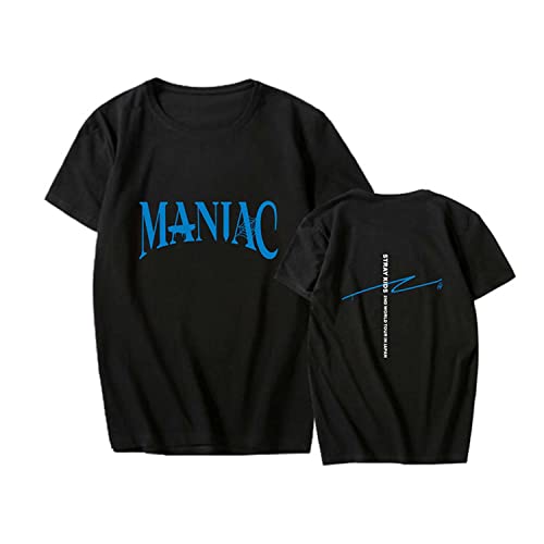 Flyself Männer und Frauen Stray Kids T-Shirts MANIAC Kurzarm T-Shirts Lose Oberteile Stilvoll Bedruckte Blusen Bang Chan Changbin Hyunjin Felix Seungmin Jeongin Jisung Minho Woojin, Schwarz, 3XL von Flyself