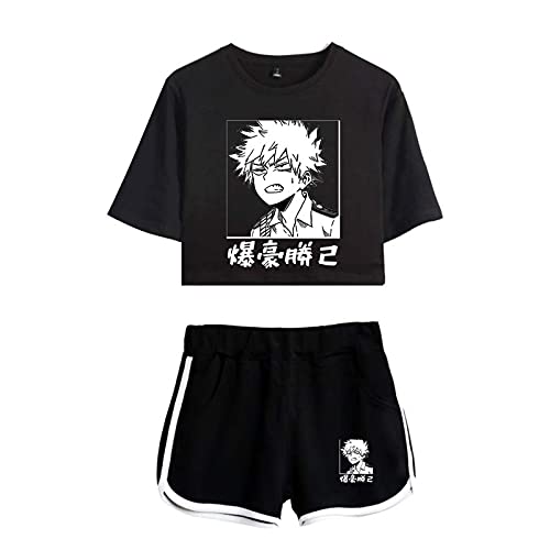 Flyself Sommer Crop Top T-Shirts und Kurze Hosen Damen Mädchen 2 Stück Anzug Bakugou Deku Katsuki Cosplay Freizeitanzug Sportanzug Trainingsanzüge Outfits für Damen und Mädchen von Flyself