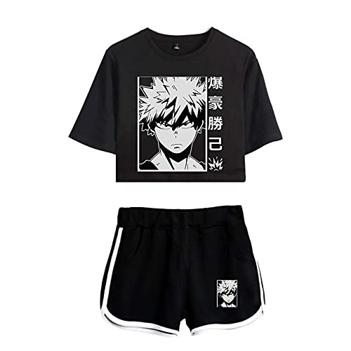 Flyself Sommer Crop Top T-Shirts und Kurze Hosen Damen Mädchen 2 Stück Anzug Bakugou Deku Katsuki Cosplay Freizeitanzug Sportanzug Trainingsanzüge Outfits für Damen und Mädchen von Flyself