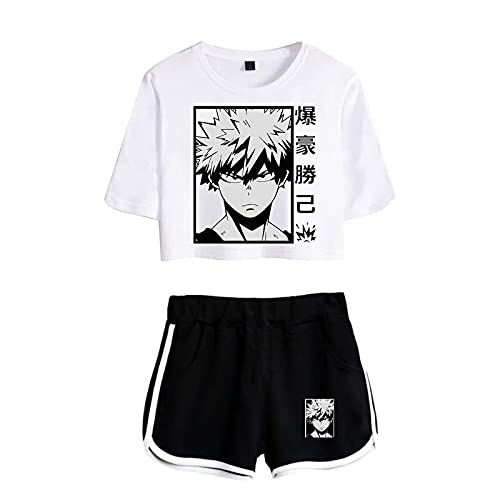 Flyself Sommer Crop Top T-Shirts und Kurze Hosen Damen Mädchen 2 Stück Anzug Bakugou Deku Katsuki Cosplay Freizeitanzug Sportanzug Trainingsanzüge Outfits für Damen und Mädchen von Flyself