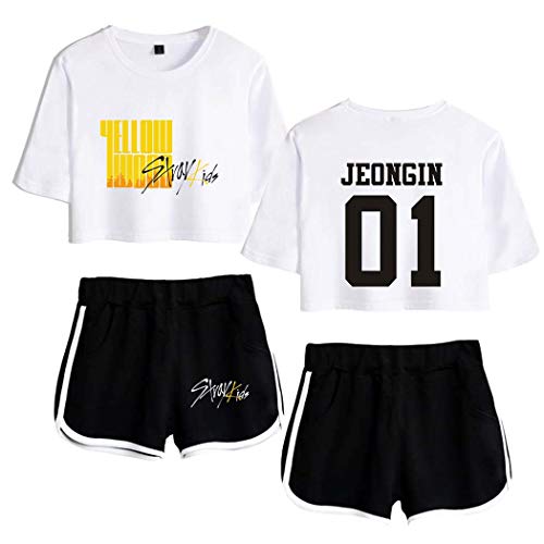 Flyself Unisex Kpop Stray Kids T-Shirts und Hosen Kurzarm Yellow Wood T-Shirt & Kurze Hose 2 Stücke Set für Herren und Damen von Flyself