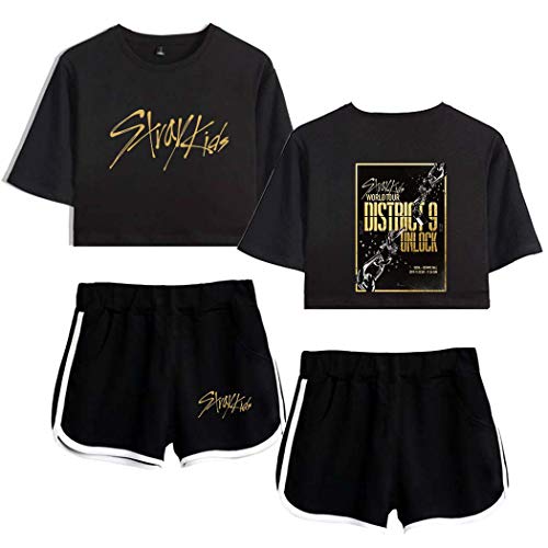 Flyself Unisex Kpop T-Shirts & Kurze Hose Set Sport Sommer Crop Tops Anzug Frauen Bauchfrei Bang Chan Changbin Hyunjin Jisung Minho Woojin von Flyself