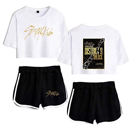 Flyself Unisex Kpop Stray Kids T-Shirts & Kurze Hose Set Sport Sommer Crop Tops Anzug Frauen Bauchfrei Bang Chan Changbin Hyunjin Jisung Minho Woojin von Flyself