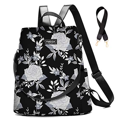 Fmeida Rucksack Damen Anti Diebstahl Handtaschen Wasserdichte Nylon Schulrucksack 2 in 1 Schultertasche Shopper Casual Daypack Reiserucksack für Frauen Mädchen (Blumen Schwarz) von Fmeida