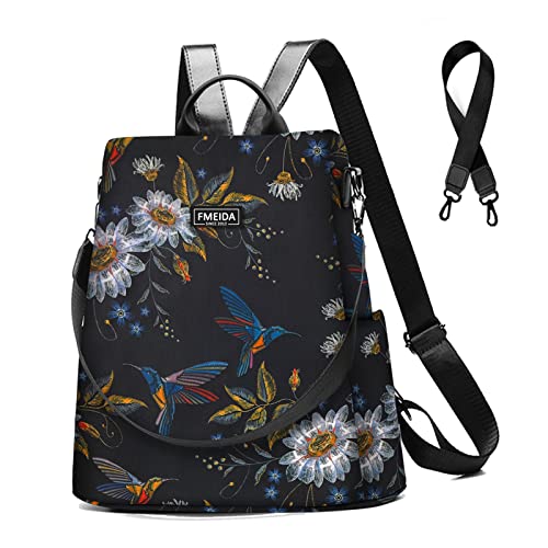 Fmeida Rucksack Damen Anti Diebstahl Nylon Handtaschen Wasserdichte 2 in 1 Schultertasche Casual Daypack Klein Reiserucksack für Frauen Mädchen, Kolibri Muster & Schwarze von Fmeida