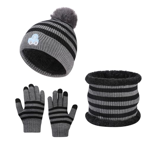 Fnaobai 3PCS Wintermütze Handschuhe Schal Set für kleine Jungen Mädchen stricken warmen Hals Touchscreen Handschuhe Beanie Skimütze für 3-6 Jahre von Fnaobai