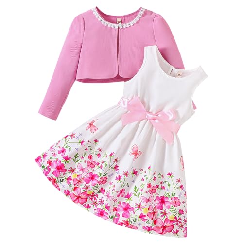 Fnaobai Kleine Mädchen Kleid und Strickjacke Sets 2-teiliges ärmelloses Kleid mit Blumendruck Spitzenrand Pullover Frühling volle Kleidung für 2-7 Jahre von Fnaobai